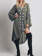 Shein Army Green V Neck Embroidered High Low Dress