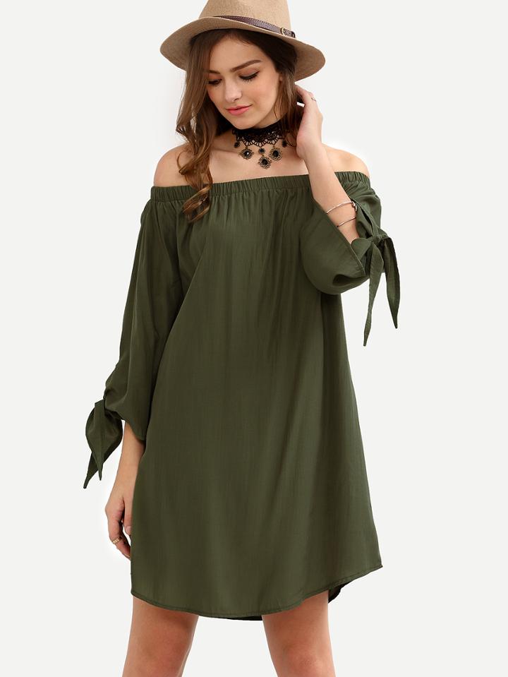 Shein Army Green Tie Cuff Off The Shoulder Shift Dress