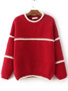 Shein Red Contrast Trim Crew Neck Sweater