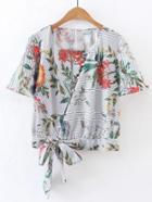 Shein Short Sleeve Floral Tie Waist Top