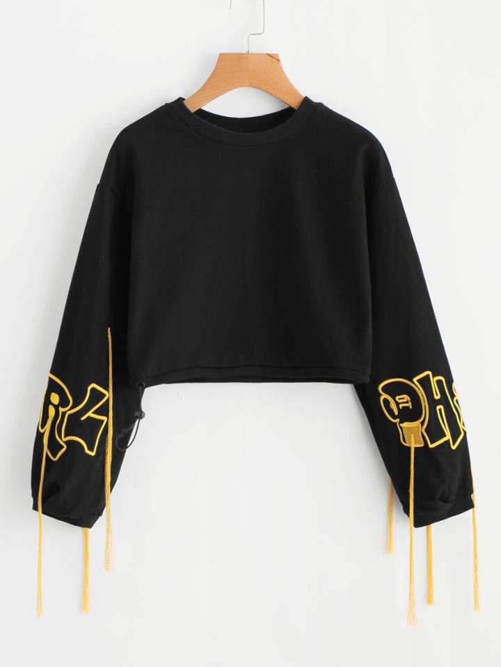 Shein Fringe Detail Embroidered Crop Sweatshirt