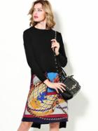 Shein Black Round Neck Long Sleeve Two Pieces Print Knit Dress