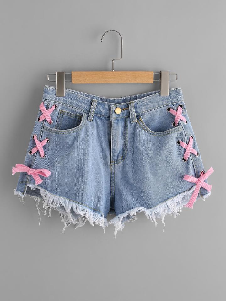 Shein Lace Up Side Frayed Hem Denim Shorts