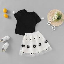Shein Girls Bow Cuff Top & Appliques Mesh Skirt Set