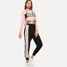 Shein Letter Print Crop Hoodie And Drawstring Waist Sweatpants Set