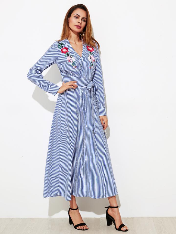 Shein Flower Embroidered Self Tie Pinstripe Dress