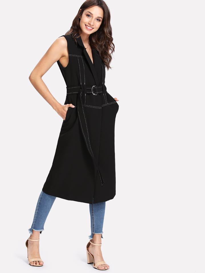 Shein Seam Detail Longline Vest With Belt