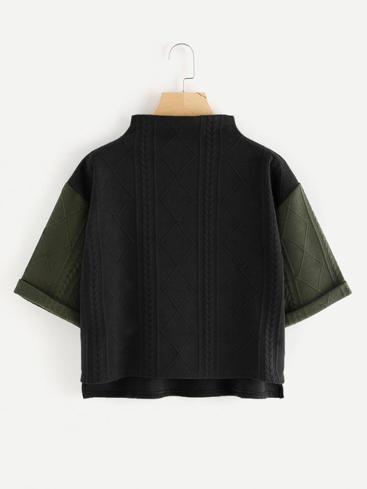 Shein Contrast Sleeve Dip Hem Cuffed Cable Knit Tee