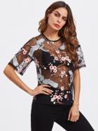 Shein Flower Blossom And Crane Bird Embroidered Mesh Top