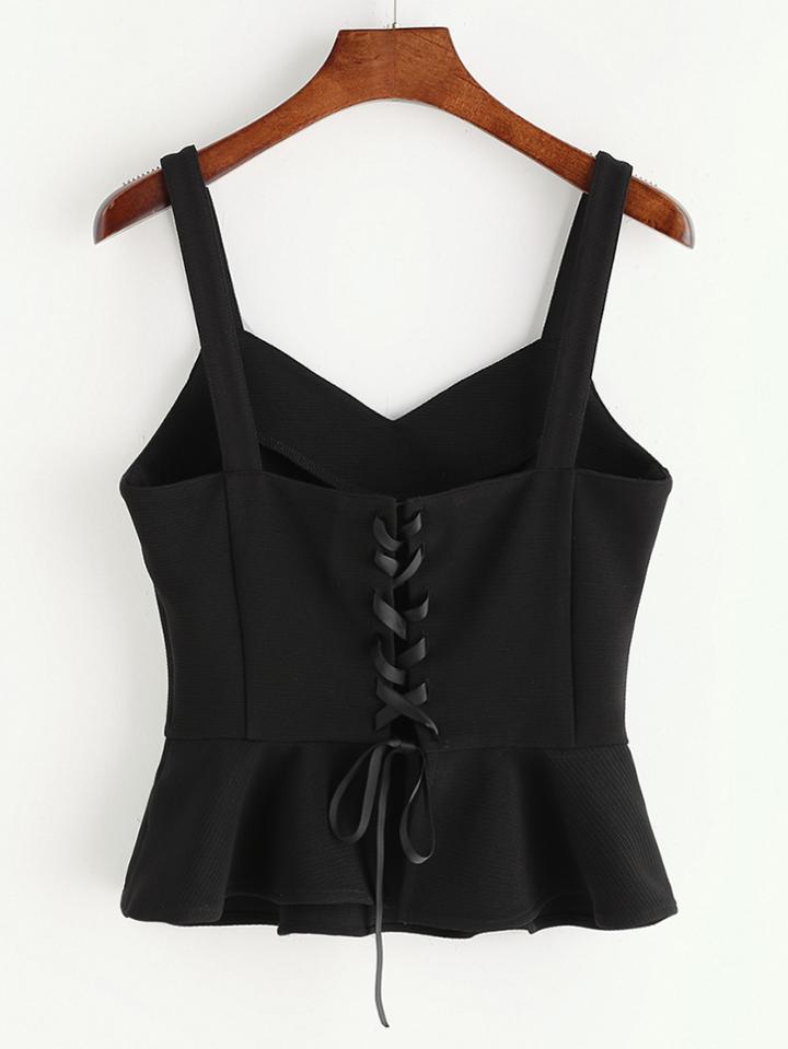 Shein Black Lace Up Back Peplum Tank Top