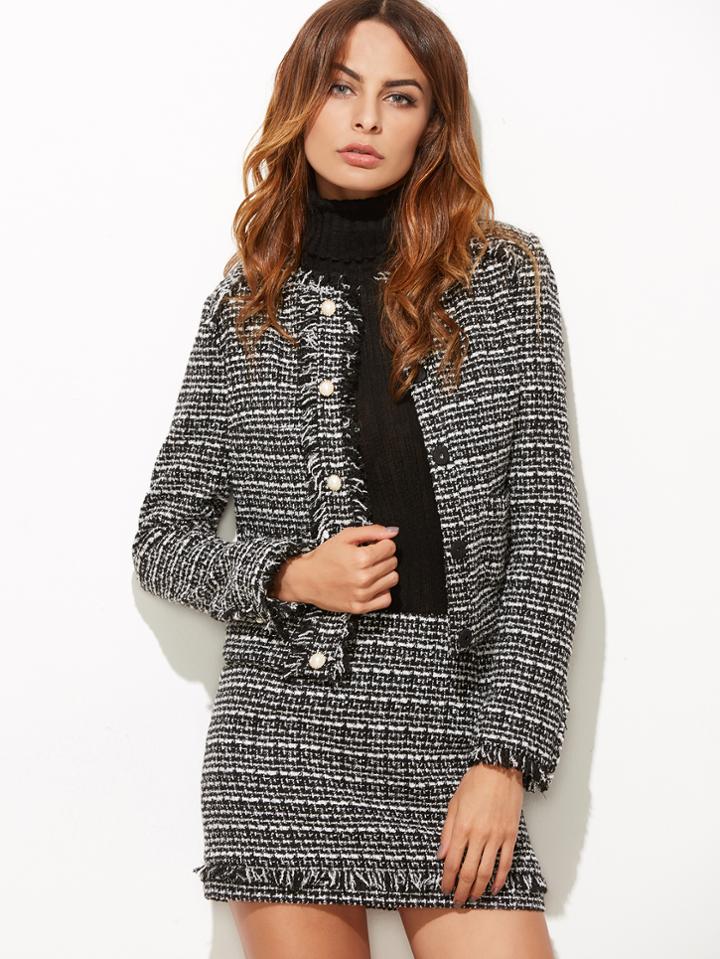 Shein Black And White Frayed Trim Tweed Jacket With Skirt