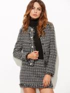 Shein Black And White Frayed Trim Tweed Jacket With Skirt