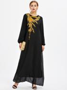 Shein Gold Flower Applique Sheer Full Length Dress