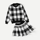 Shein Girls Check Plaid Jacket With Skirt