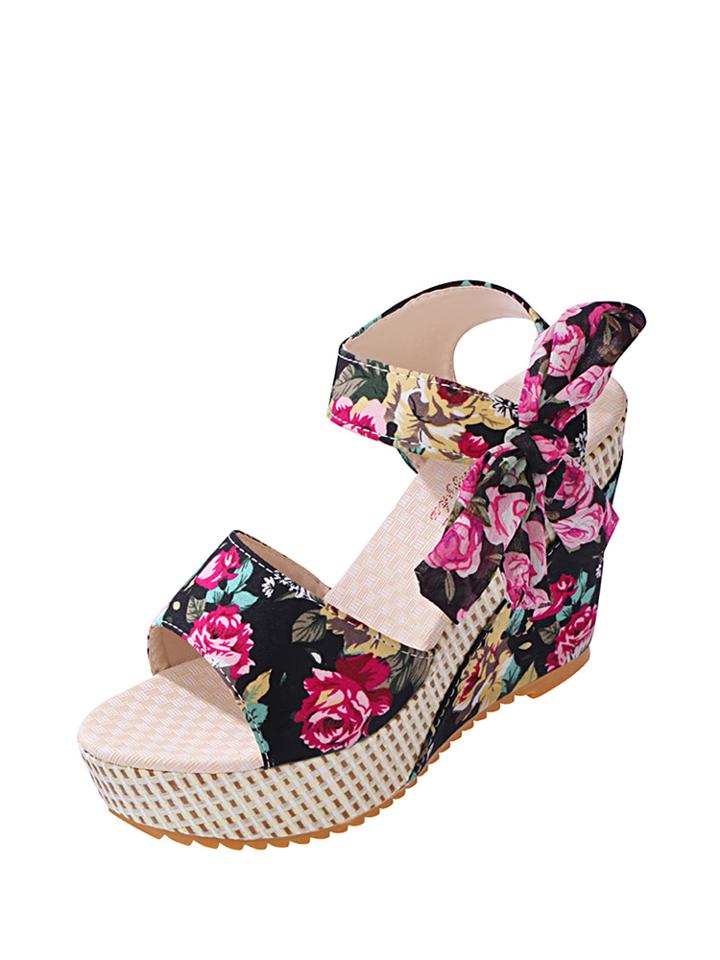 Shein Floral Embellished Bow Tie Wedge Sandals