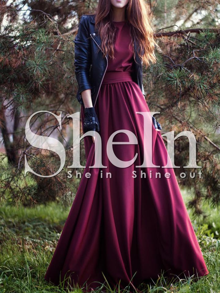 Shein Burgundy Round Neck Maxi Dress