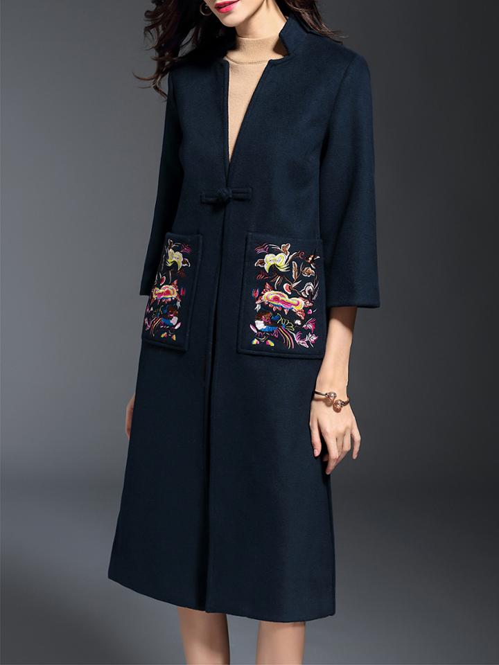 Shein Navy V Neck Embroidered Pockets Coat