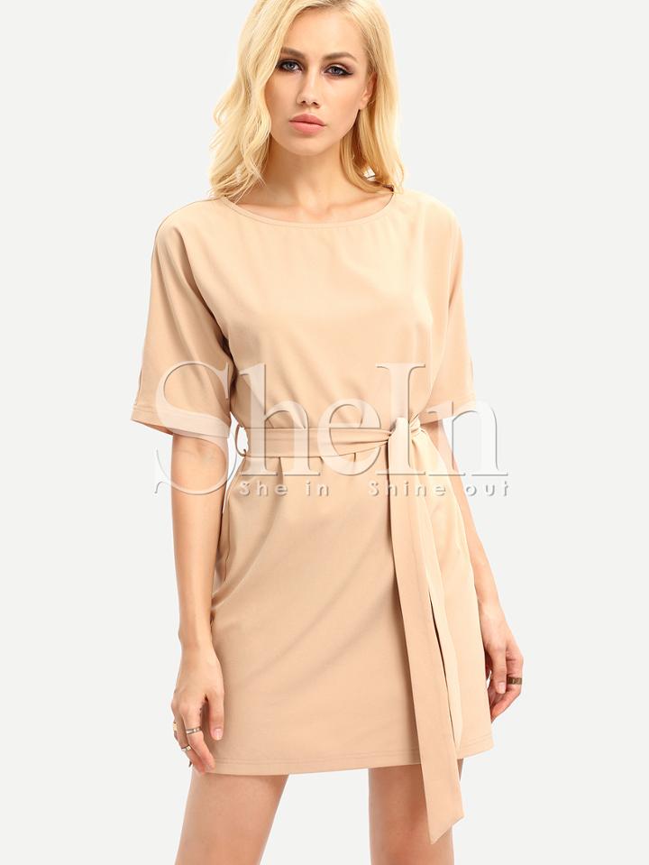 Shein Apricot Half Sleeve Waistband Dress