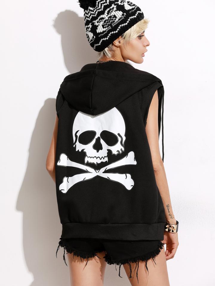Shein Black Skull Print Back Drawstring Hooded Vest