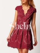Shein Burgundy Deep V Neck Cap Sleeve Lace Dress