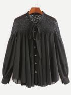 Shein Black Contrast Lace Bow Tie Neck Chiffon Blouse