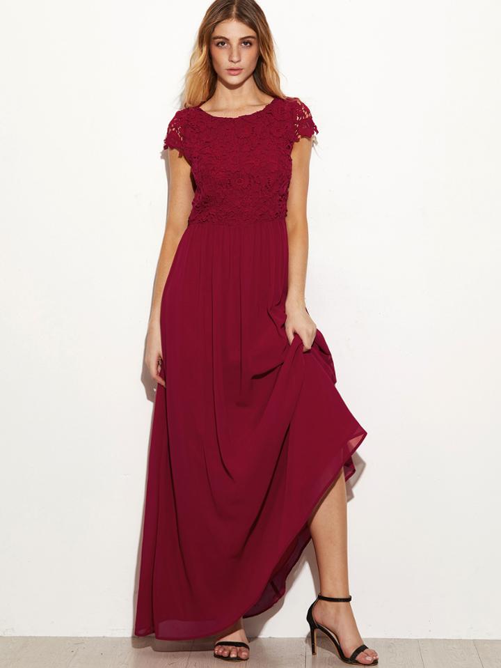 Shein Embroidered Lace Overlay Open Back Maxi Dress