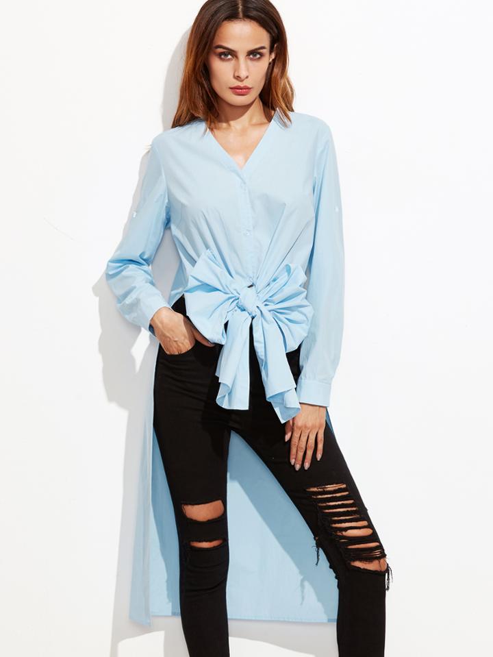 Shein Blue Button Front Side Slit Longline Blouse