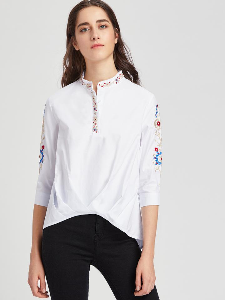 Shein Half Placket Gathered Hem Embroidered Shirt