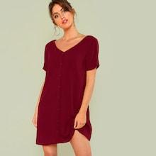 Shein V Neck Button Up Solid Dress