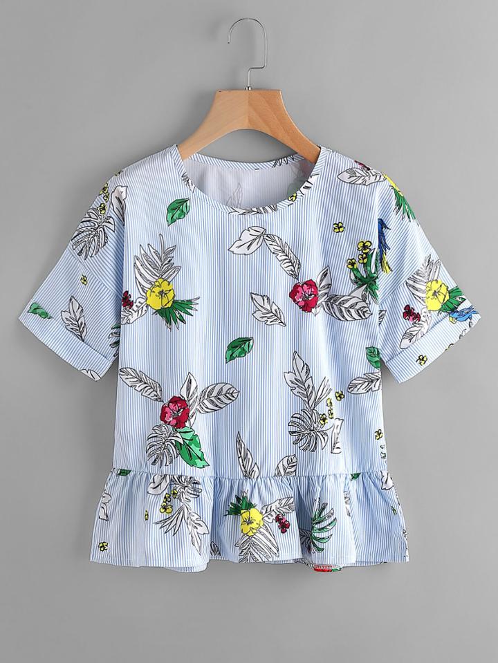 Shein Jungle Print Drop Shoulder Frill Hem Striped Blouse