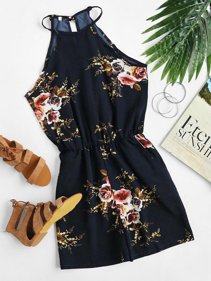 Shein Floral Print Random Self Tie Split Back Romper