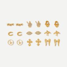 Shein Cross & Wing Design Stud Earrings 9pairs