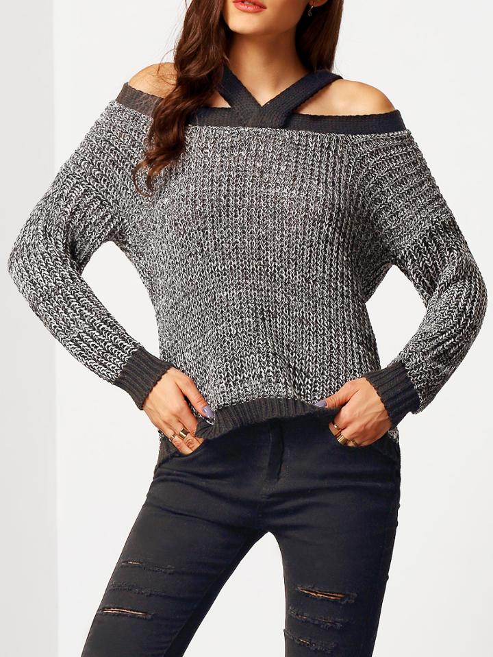 Shein Black Cold Shoulder Long Sleeve Crop Sweater