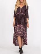 Shein Brown V Neck Vintage Print Dress