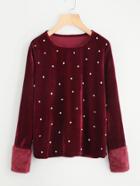Shein Contrast Faux Fur Cuff Pearl Detail Velvet Tee