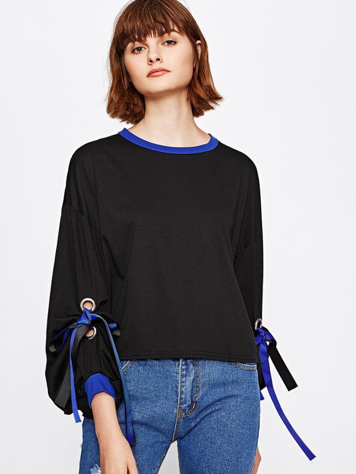 Shein Contrast Trim Grommet Ribbon Tie Sweatshirt