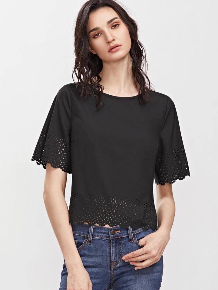 Shein Black Laser Cutout Scallop Short Sleeve Top