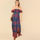 Shein Lace Waist Split Floral Off Shoulder Dress