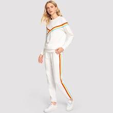 Shein Contrast Rainbow Striped Top And Slant Pocket Pants Set
