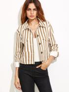 Shein Coffee Vertical Striped Flap Pocket Front Button Up Jacket