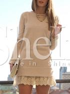 Shein Apricot Long Sleeve With Lace Dress