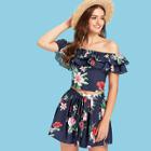 Shein Off Shoulder Ruffle Floral Top & Belted Shorts Co-ord