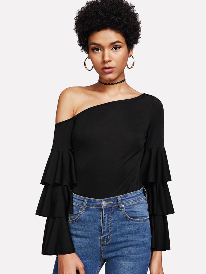 Shein Asymmetric Shoulder Layered Ruffle Sleeve Top
