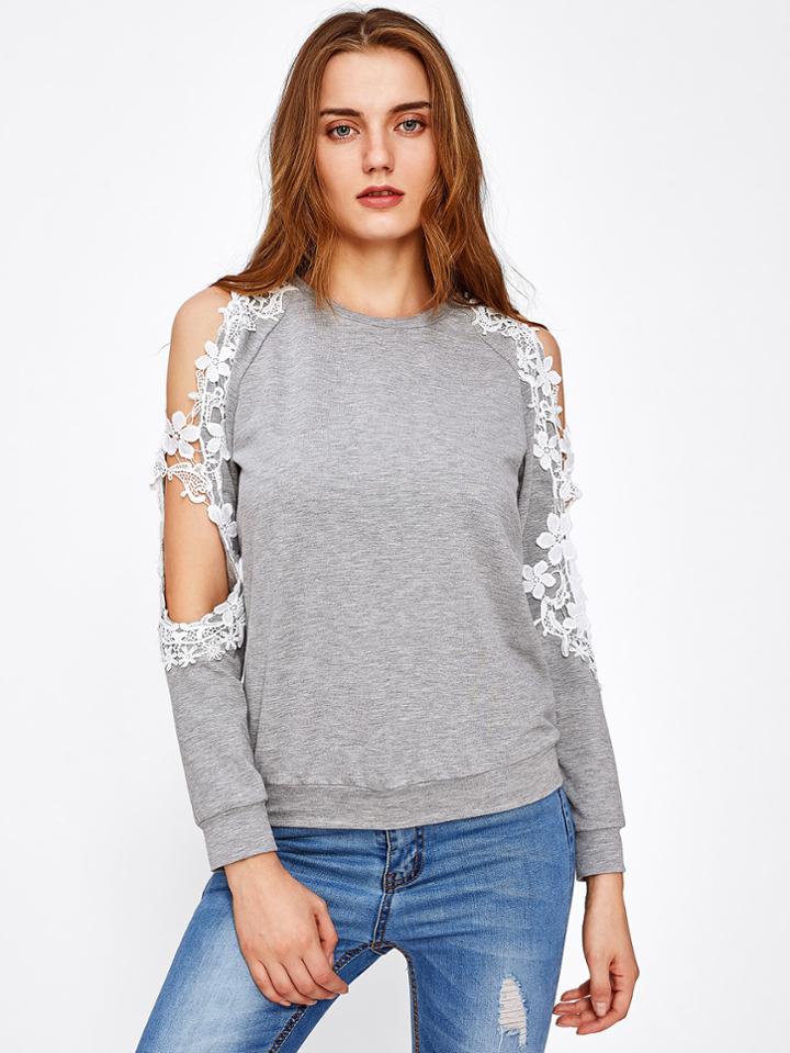 Shein Lace Applique Open Shoulder Sweatshirt