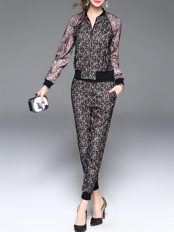 Shein Black Lace Top With Pockets Pants