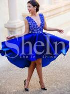 Shein Blue Plunge V Back Pleated  Dress