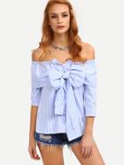Shein Off-the-shoulder Faux Sleeve-tie Striped Top - Blue