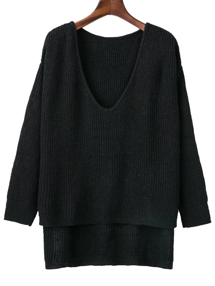 Shein Black V Neck High Low Knitwear