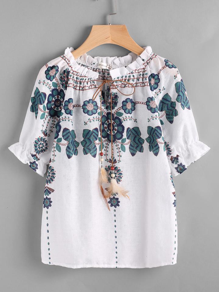 Shein Feather Tie Neck Floral Print Frill Trim Top