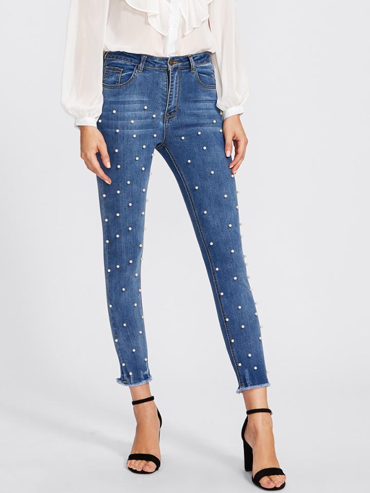 Shein Pearl Beaded Frayed Hem Jeans